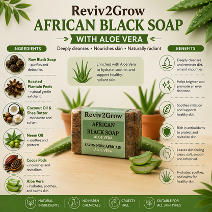 Reviv2Grow African Black Soap with Aloe Vera packaging and ingredients on a wooden surface.
