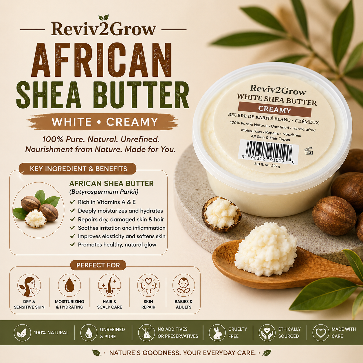 Reviv2Grow African Shea Butter packaging with shea butter and nuts on a beige background
