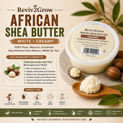 Reviv2Grow African Shea Butter packaging with shea butter and nuts on a beige background