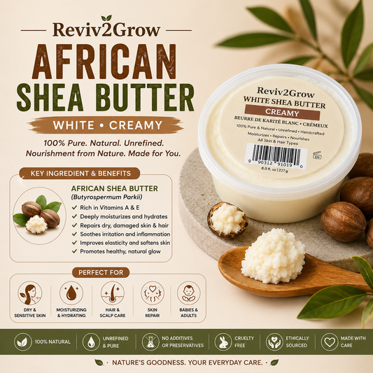 Reviv2Grow African Shea Butter packaging with shea butter and nuts on a beige background