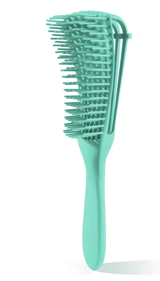 Turquoise hairbrush on a white background