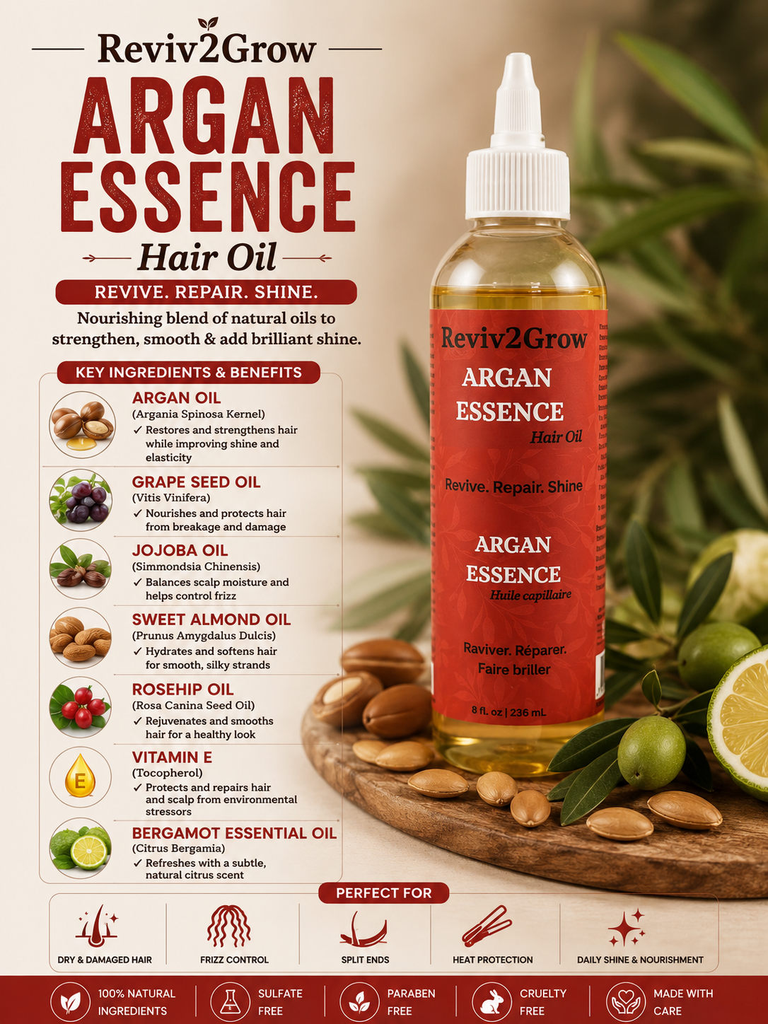 Reviv2Grow Argan Essence hair oil bottle with product details on a natural background