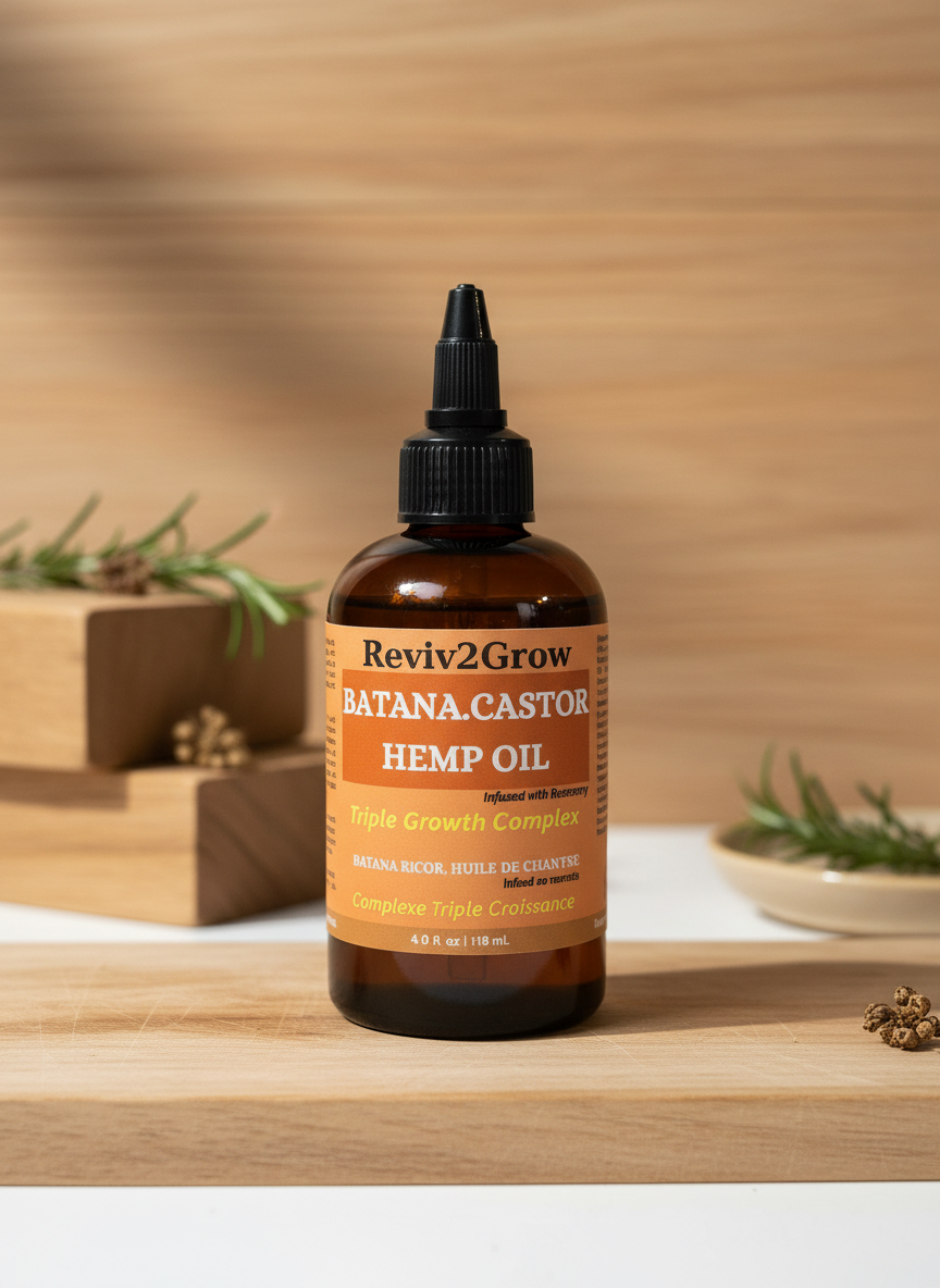 Reviv2Grow BatanaCastor Hemp Oil bottle on a wooden surface with plants in the background