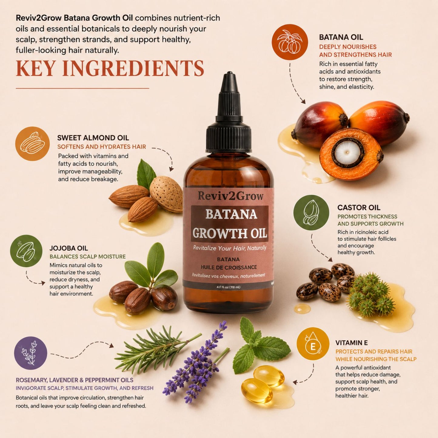 An infographic-style product image for Reviv2grow Batana Growth Oil. The bottle is centered on a beige background with ingredient callouts and illustrations of natural ingredients including almonds, castor oil, jojoba oil, rosemary, lavender, and vitamin E.