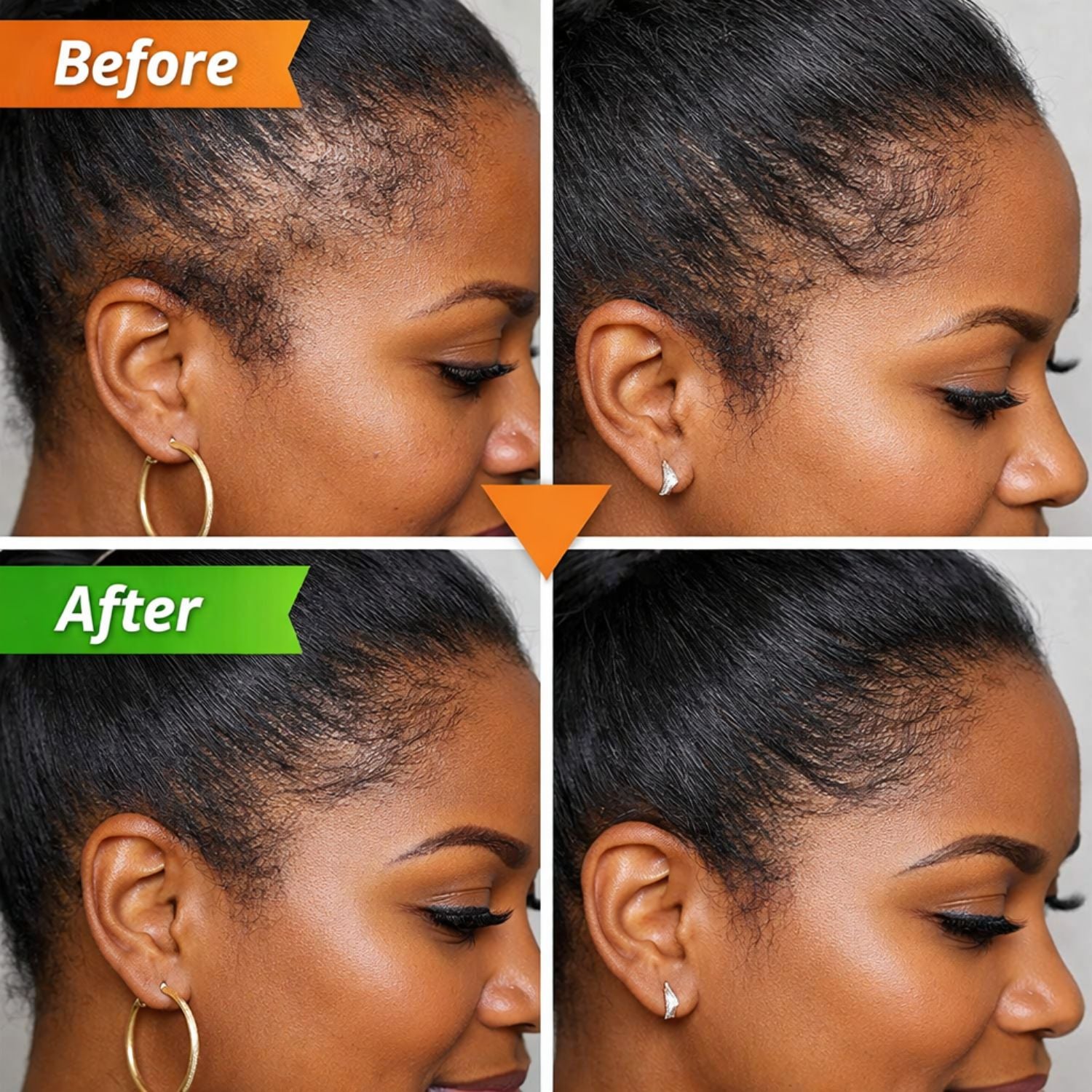 Before and after comparison of hair care product application on a woman's scalp.