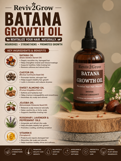 Reviv2Grow Batana Growth Oil bottle with ingredients and benefits on a wooden platform.