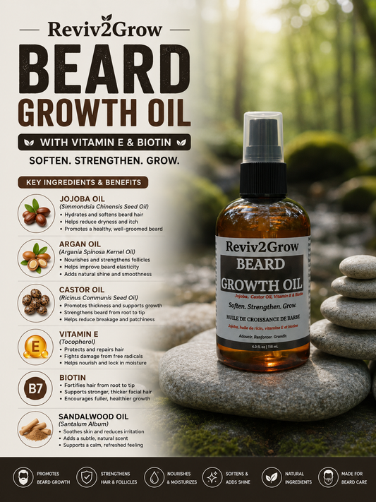 Reviv2Grow beard growth oil bottle with ingredients and benefits on a natural background