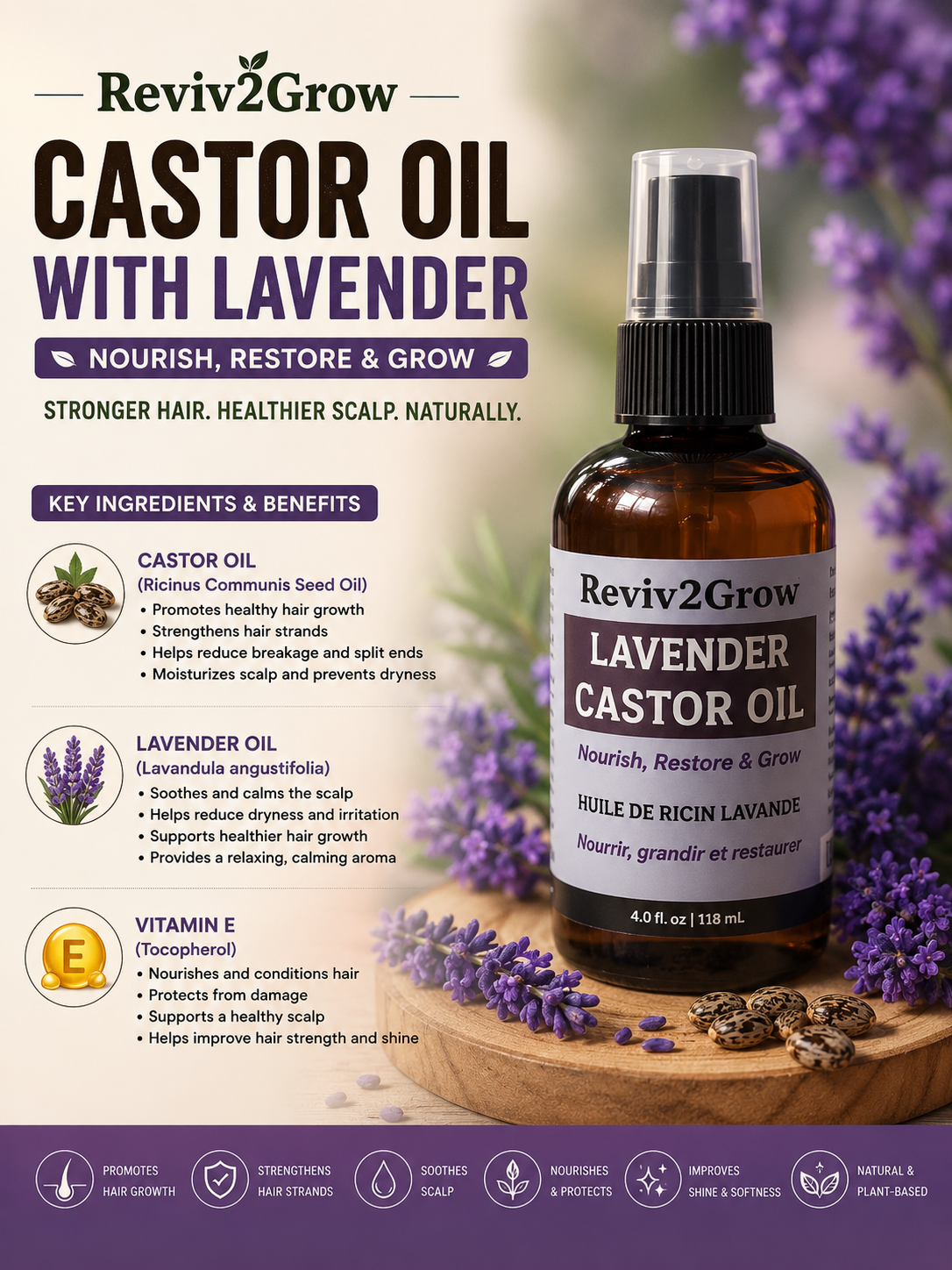 Reviv2Grow Lavender Castor Oil bottle with lavender flowers on a wooden board.