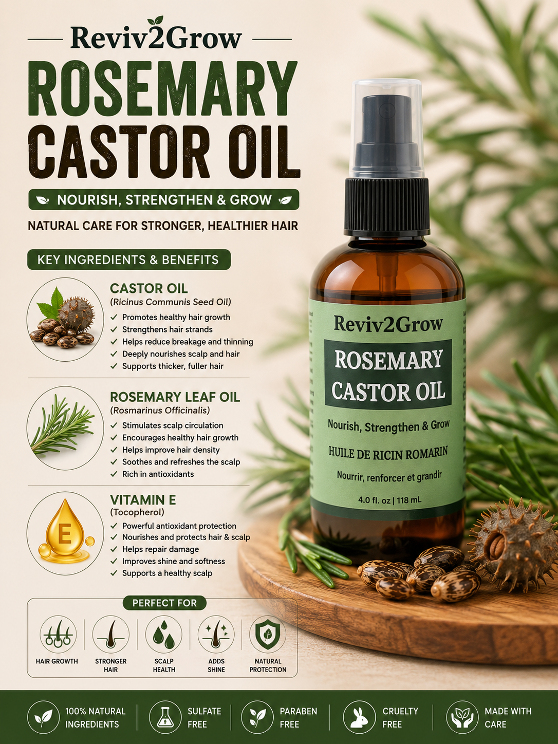 Reviv2Grow Rosemary Castor Oil bottle with ingredients and benefits on a wooden board.