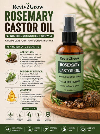 Reviv2Grow Rosemary Castor Oil bottle with ingredients and benefits on a wooden board.
