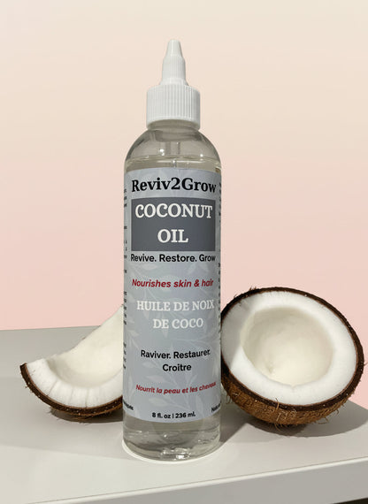 Bottle of coconut oil with a label on a gray background
