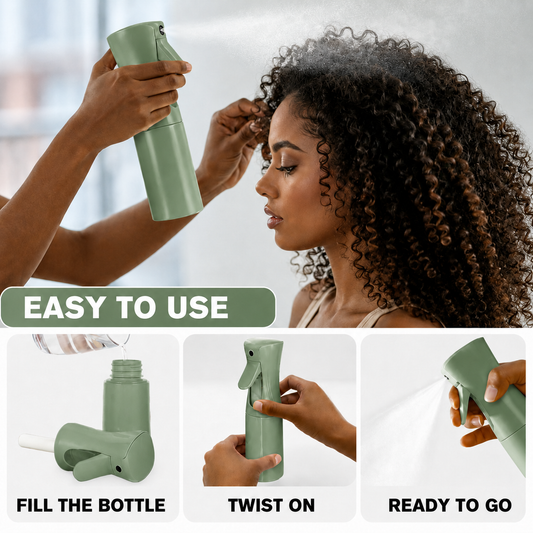 Woman using a green hair care product with step-by-step instructions on how to use it.