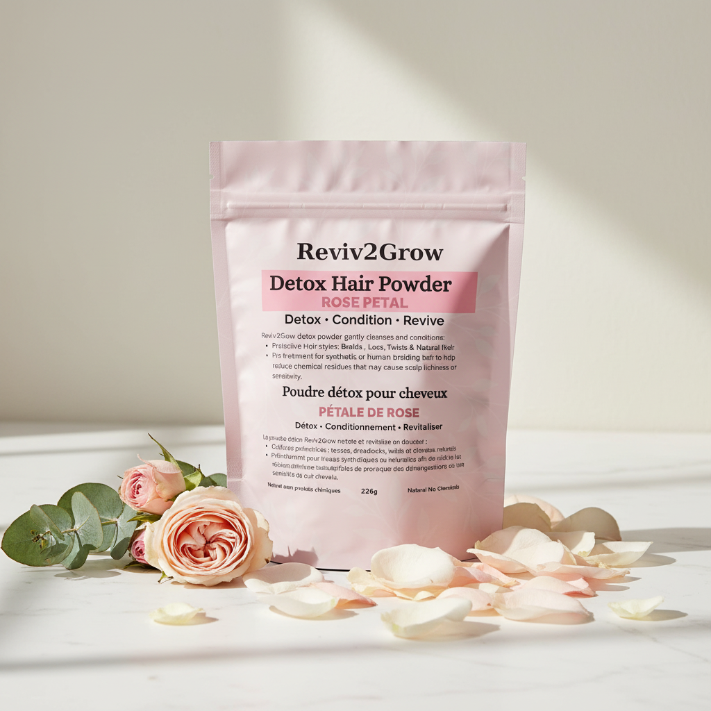 Reviv2Grow Detox Hair Powder packaging with pink roses and petals on a light background