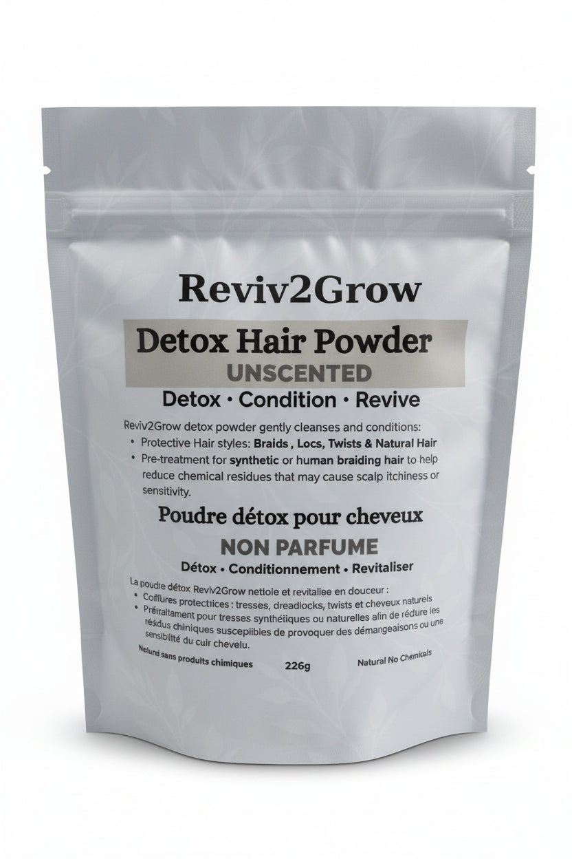Reviv2Grow Detox Hair Powder package on a light background