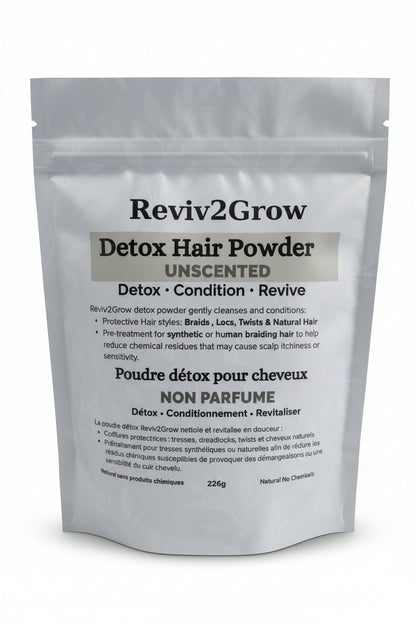 Reviv2Grow Detox Hair Powder package on a light background