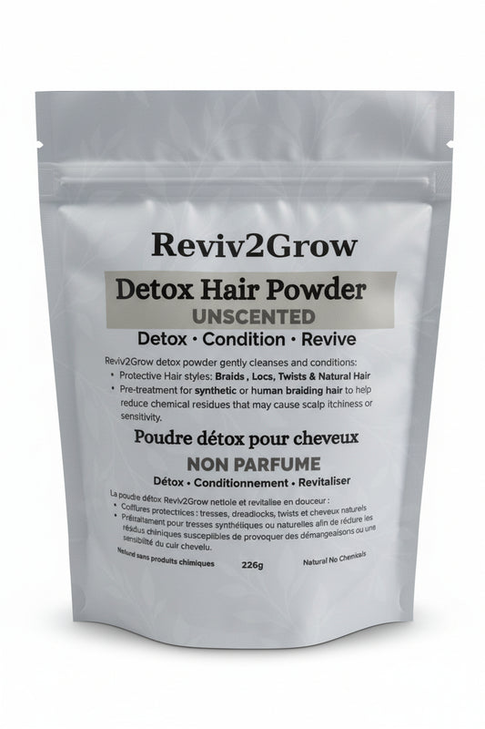 Reviv2Grow Detox Hair Powder package on a light background