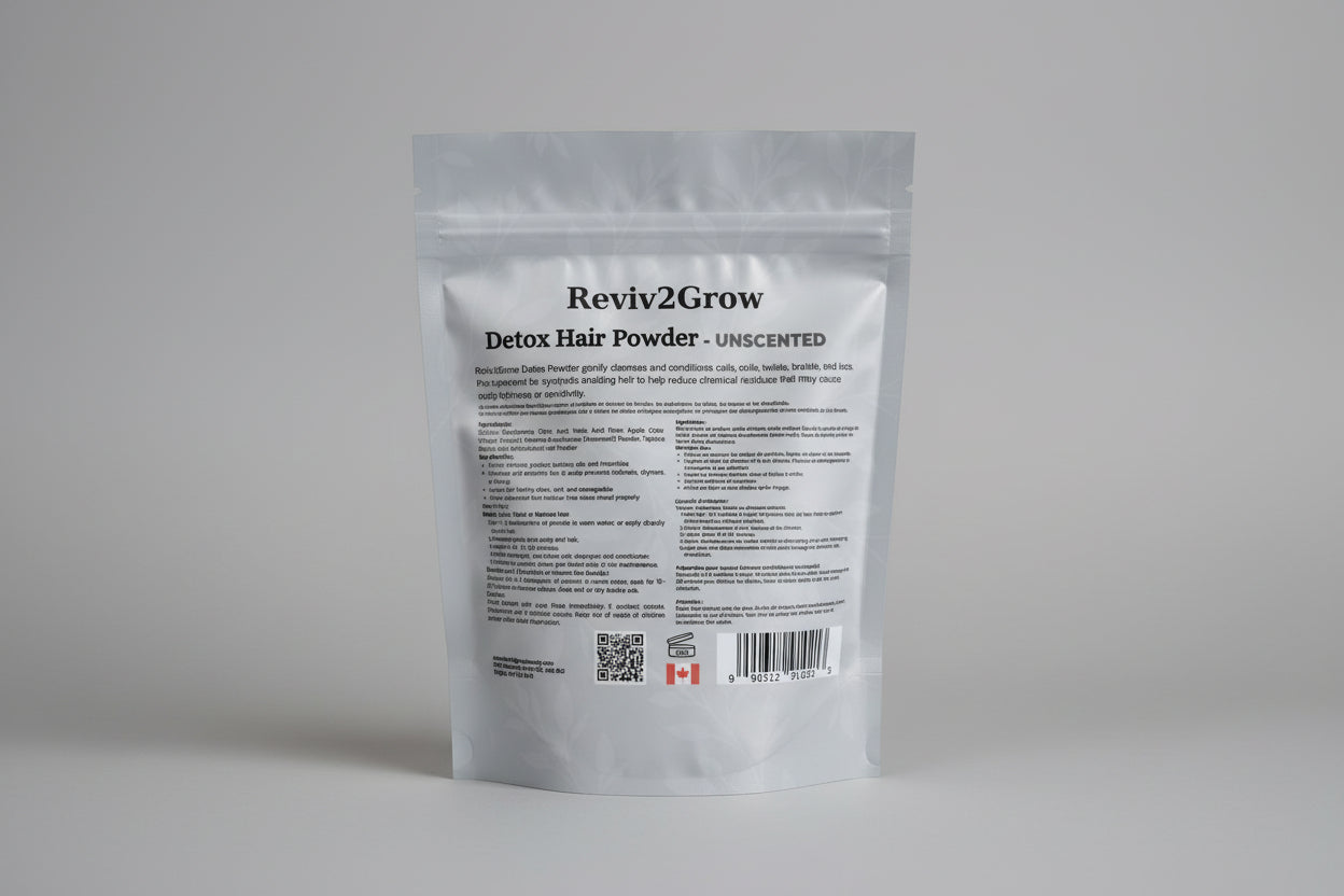 Reviv2Grow Detox Hair Powder package on a light background
