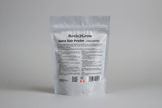 Reviv2Grow Detox Hair Powder package on a light background