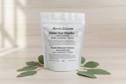 Reviv2Grow Detox Hair Powder package on a white surface with a blurred background