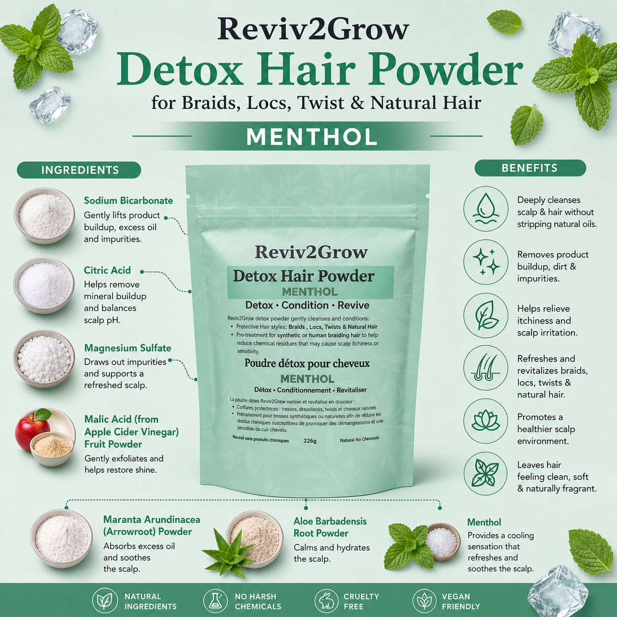 Reviv2Grow Detox Hair Powder packaging with ingredients and benefits listed.
