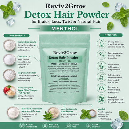 Reviv2Grow Detox Hair Powder packaging with ingredients and benefits listed.