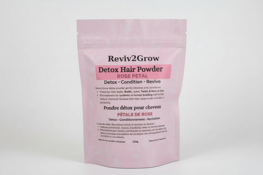 Reviv2Grow Detox Hair Powder packaging with pink and white design on a white background