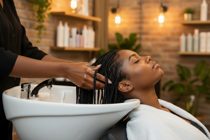 Person getting a hair wash at a salon with a focus on the hair washing process.