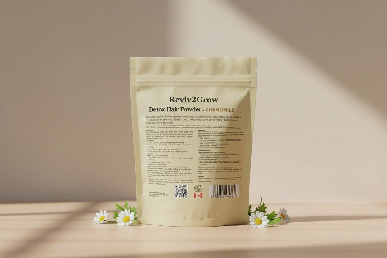 Reviv2Grow Detox Hair Powder packaging with text and branding.