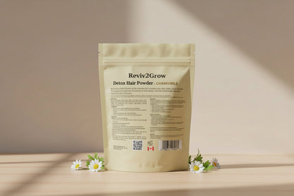 Reviv2Grow Detox Hair Powder packaging with text and branding.