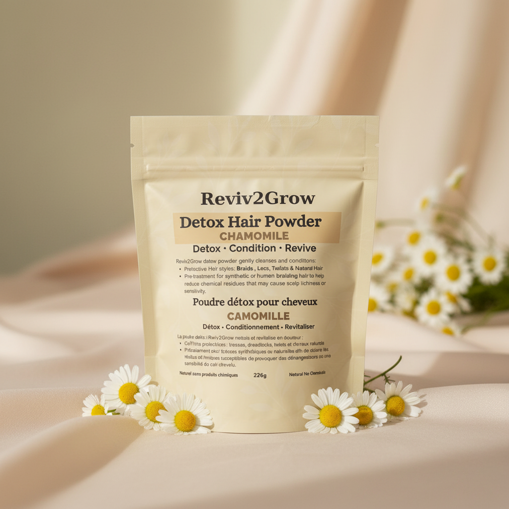 Reviv2Grow Detox Hair Powder package with chamomile flowers on a soft background