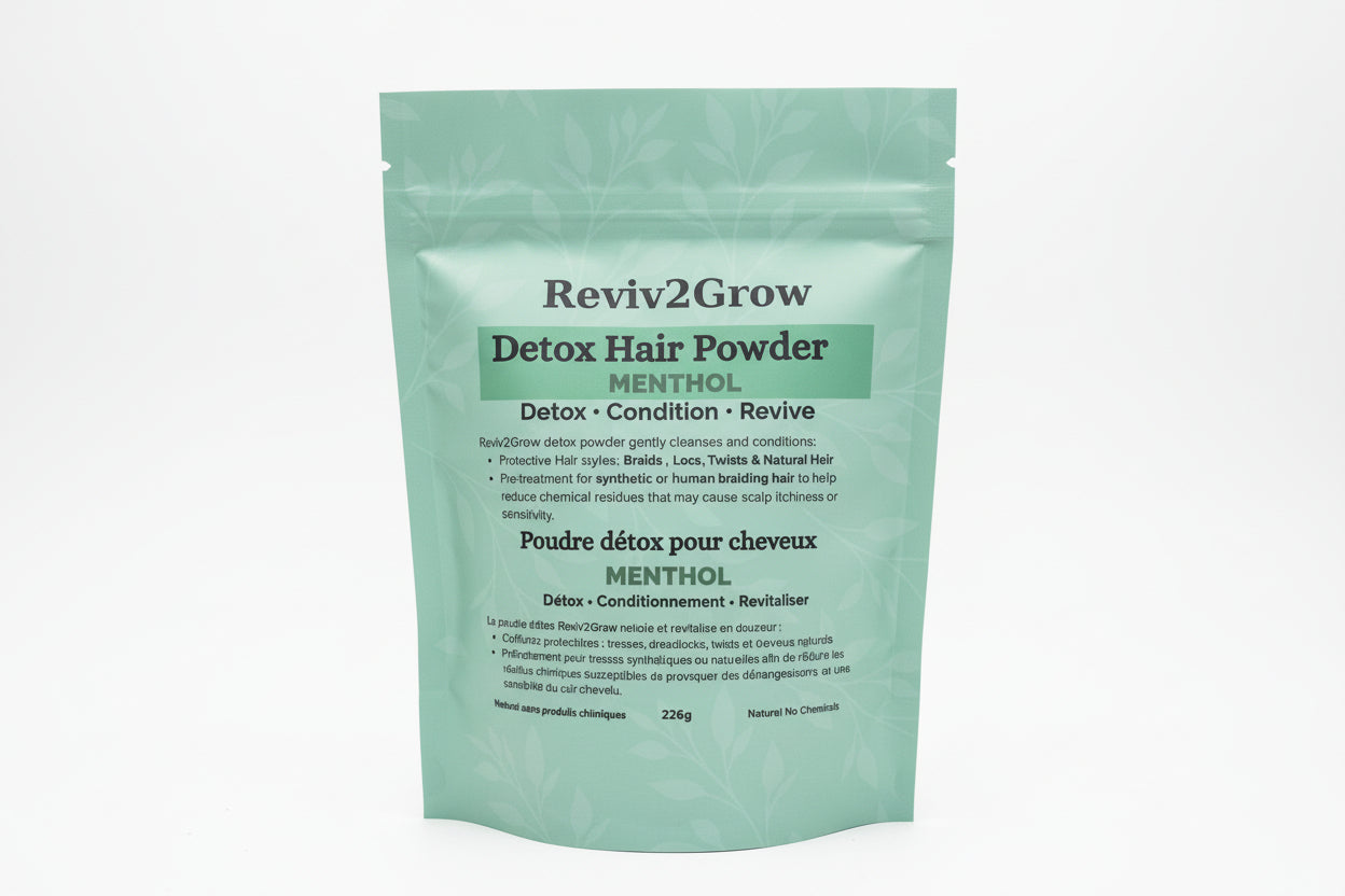 Reviv2Grow Detox Hair Powder package with text on a blurred background