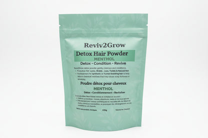 Reviv2Grow Detox Hair Powder package with text on a blurred background