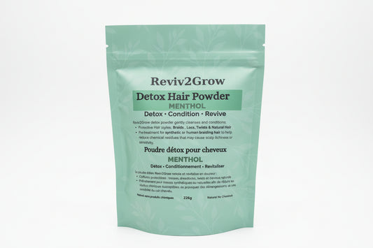 Reviv2Grow Detox Hair Powder package with text on a blurred background