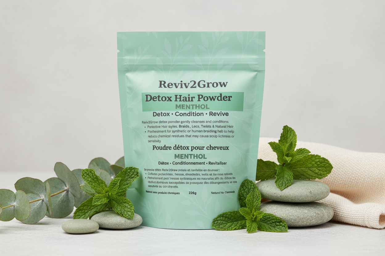 Reviv2Grow Detox Hair Powder package with mint leaves on a light background