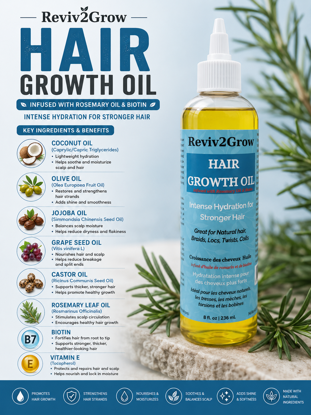 Reviv2Grow hair growth oil bottle with ingredients listed on a natural background