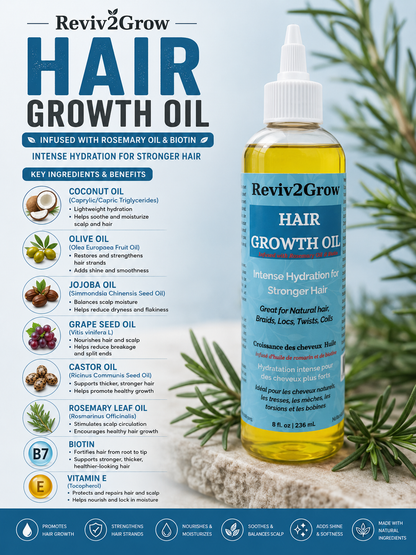Reviv2Grow hair growth oil bottle with ingredients listed on a natural background