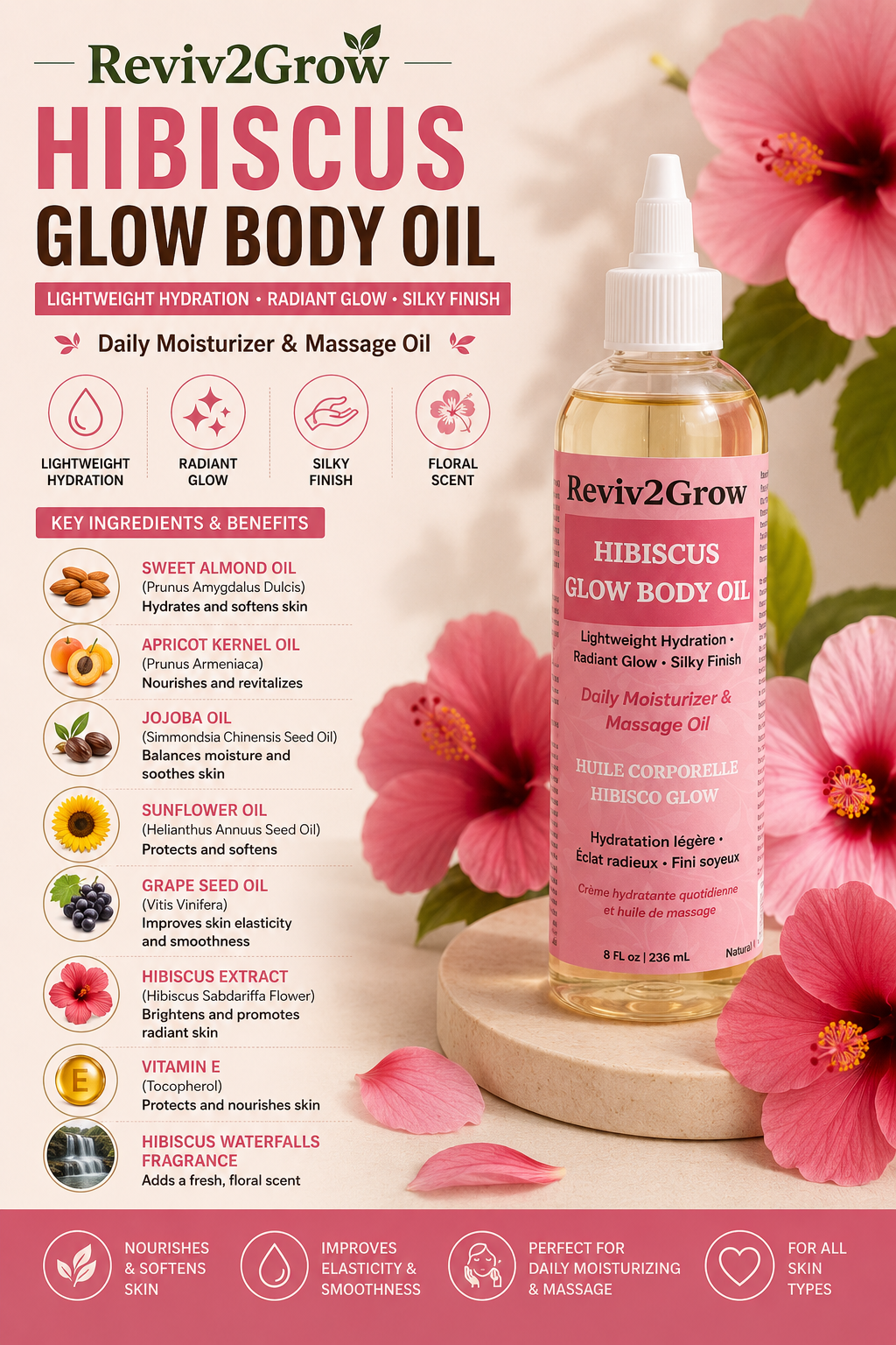 Reviv2Grow Hibiscus Glow Body Oil bottle with pink flowers and product details on a light background