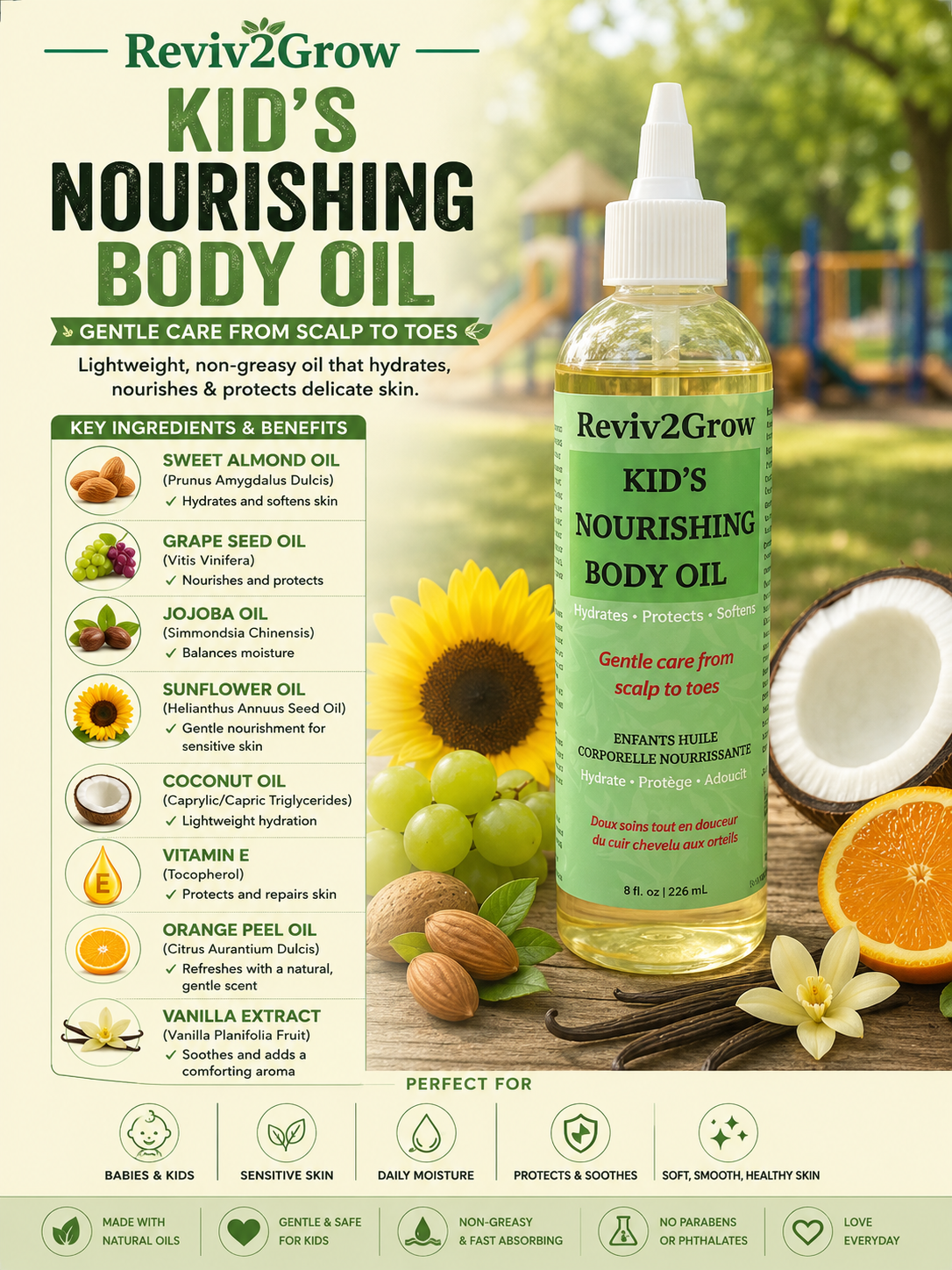 Reviv2Grow Kid's Nourishing Body Oil bottle with ingredients list and benefits on a natural background