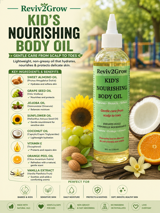 Reviv2Grow Kid's Nourishing Body Oil bottle with ingredients list and benefits on a natural background