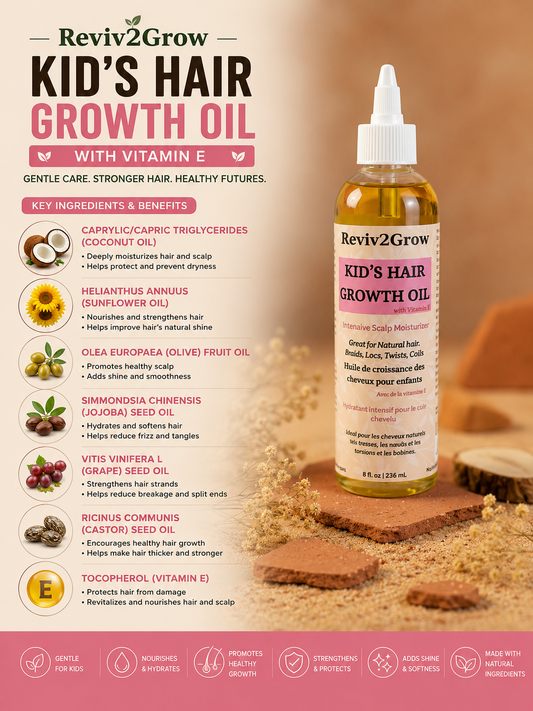 Reviv2Grow Kids' Hair Growth Oil with key ingredients and benefits on a beige background