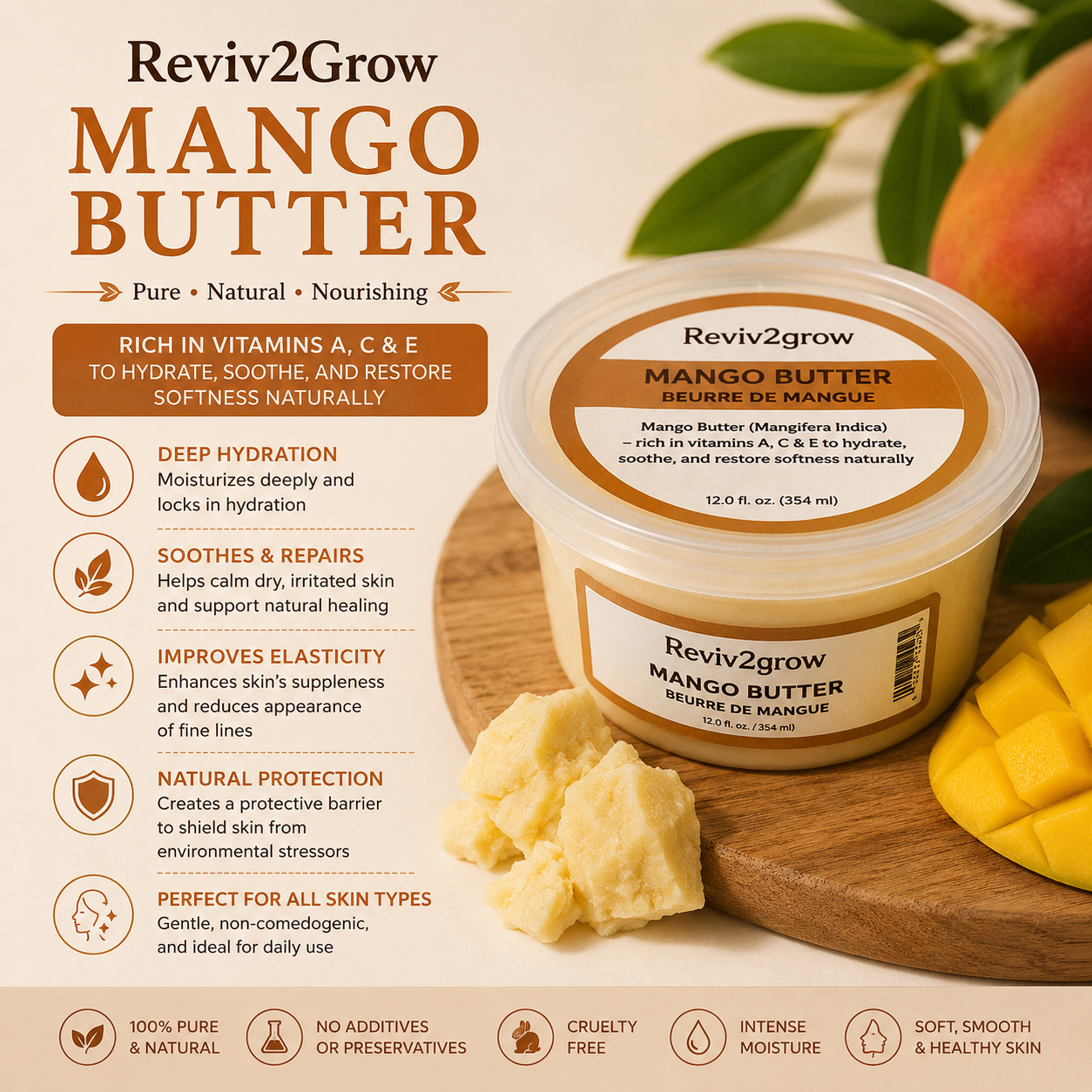 Reviv2grow Mango Butter container with mangoes and leaves on a wooden board