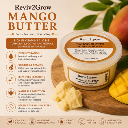 Reviv2grow Mango Butter container with mangoes and leaves on a wooden board