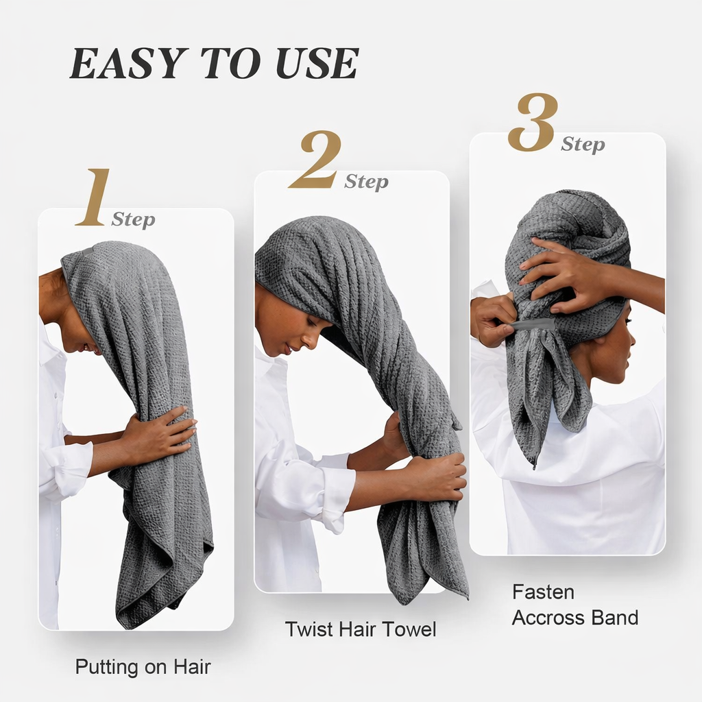 Step-by-step guide on how to use a hair towel, with text indicating 'Easy to Use'.