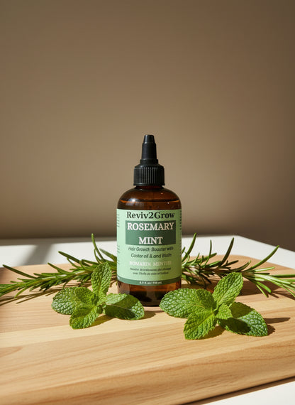 Bottle of Reviv2Grow Rosemary Mint on a wooden surface with fresh mint leaves.