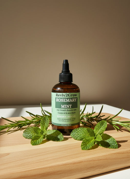 Bottle of Reviv2Grow Rosemary Mint on a wooden surface with fresh mint leaves.