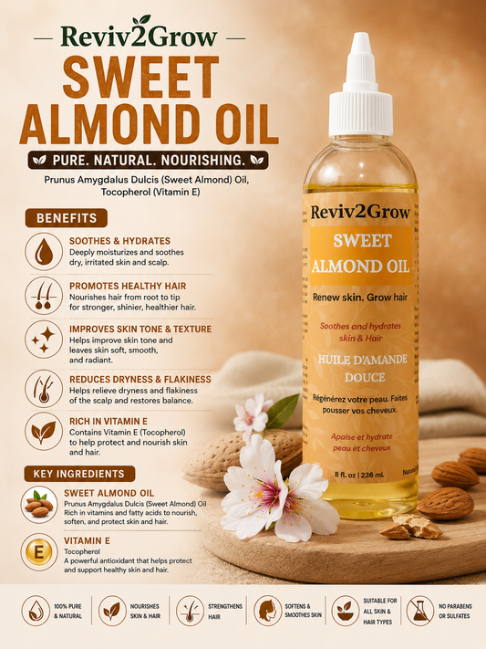 Reviv2Grow Sweet Almond Oil bottle with benefits and ingredients on a wooden surface.