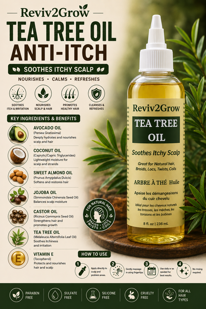 Reviv2Grow Tea Tree Oil bottle with label and product details on a green background