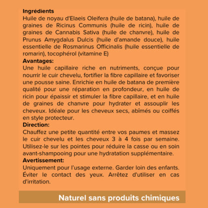 A French informational graphic with an orange background, listing ingredients, benefits, usage directions, and a banner at the bottom that reads 'Naturel sans produits chimiques'.