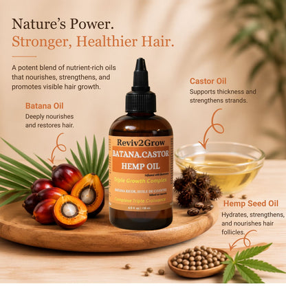 Reviv2Grow Batana, Castor, and Hemp Oil bottle displayed on a wooden board with castor plants, hemp seeds, and oil bowls, surrounded by text callouts on a warm beige background.