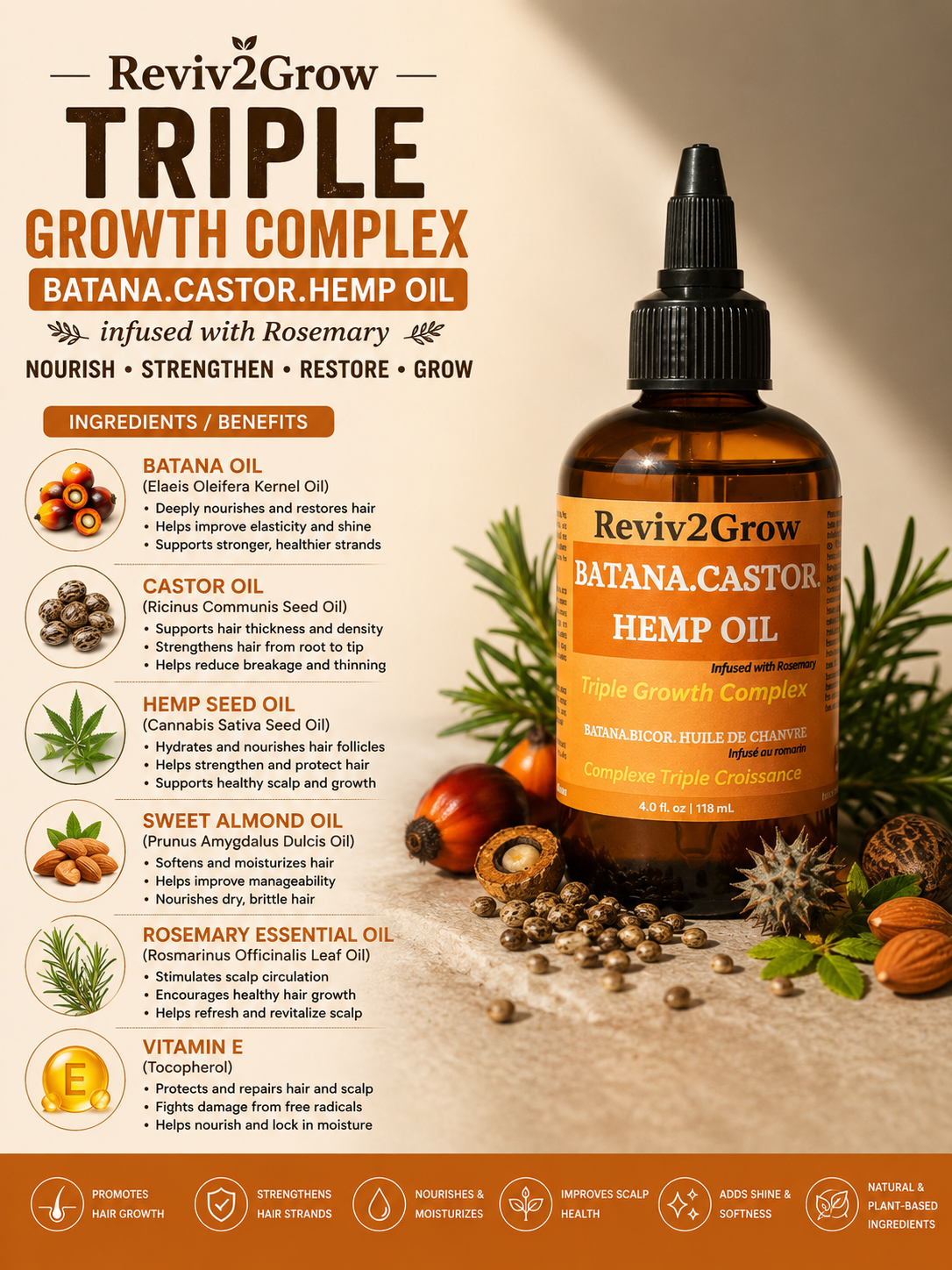 Reviv2Grow Triple Growth Complex bottle with ingredients and benefits on a beige background
